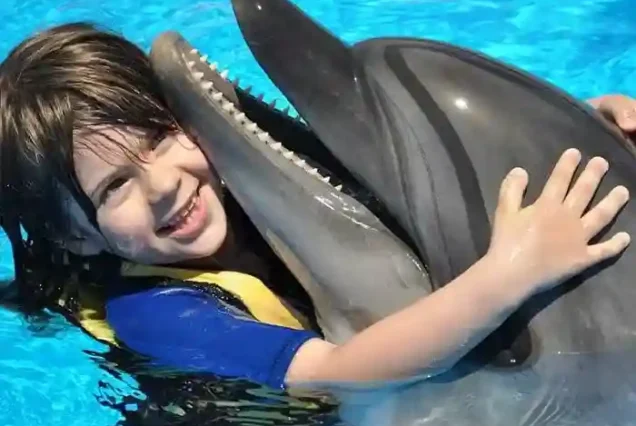 Child hugging and kissing a dolphin at Dolphin World Hurghada.