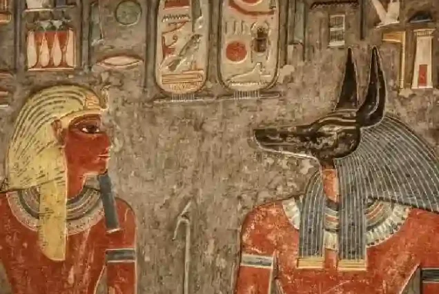 Detailed ancient hieroglyphs inside a tomb in Valley of the Kings.