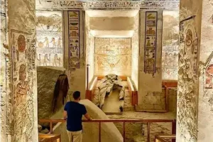 Royal sarcophagus inside Valley of the Kings tomb Luxor