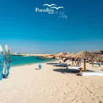Best Paradise Island Hurghada trip white sand beach view.