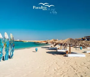 Best Paradise Island Hurghada trip white sand beach view.