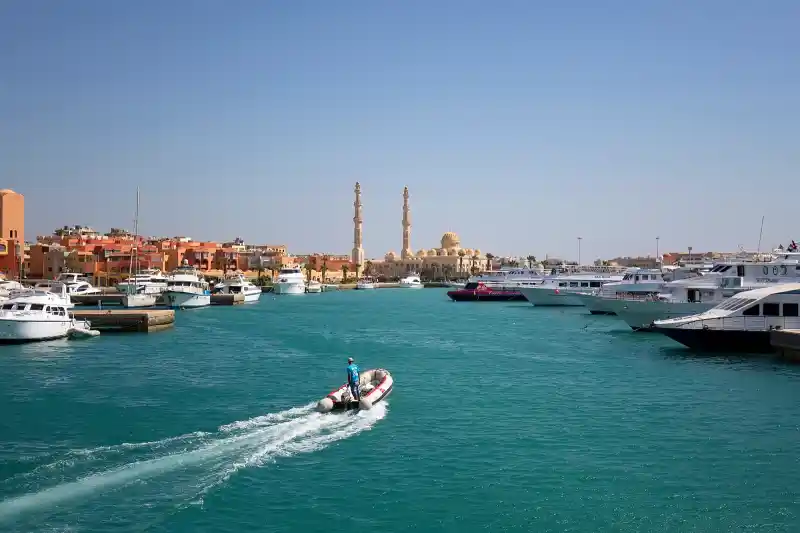 Hurghada Marina view with El Mina Mosque and luxury yachts