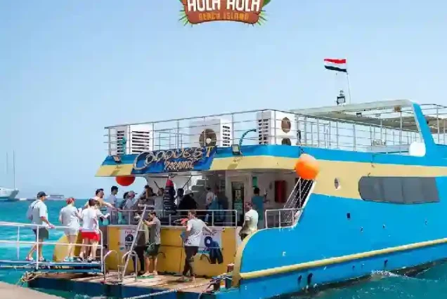 Group of friends having fun on the Conquest boat deck Hurghada.