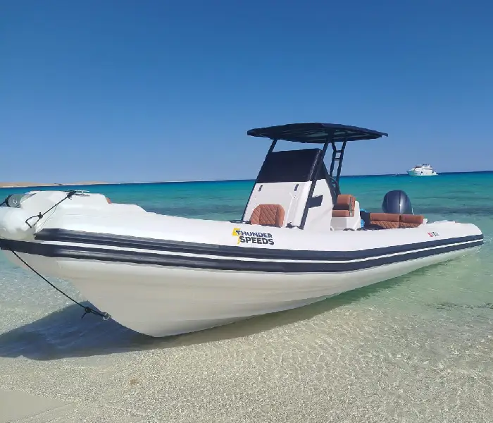 Island hopping in the Red Sea during a private speedboat tour Hurghada